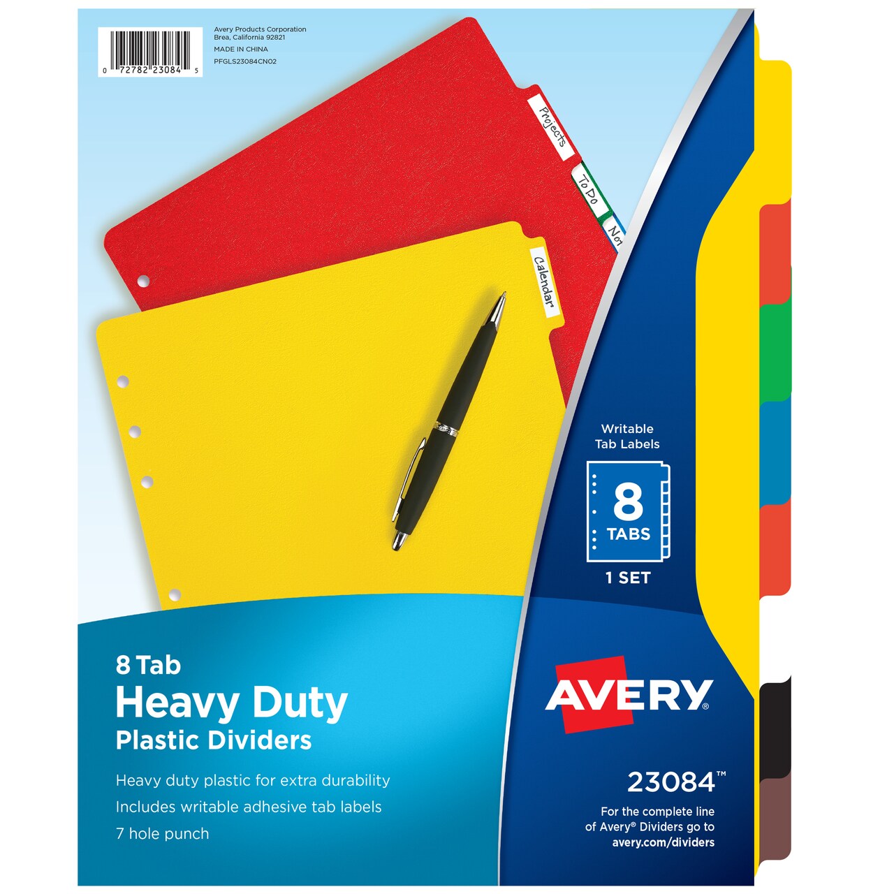 Avery Heavy-Duty Plastic Dividers for 3 Ring Binders and 7 Ring Binders, 8-Tab Set, Multicolor with White Labels, 1 Set (23084)